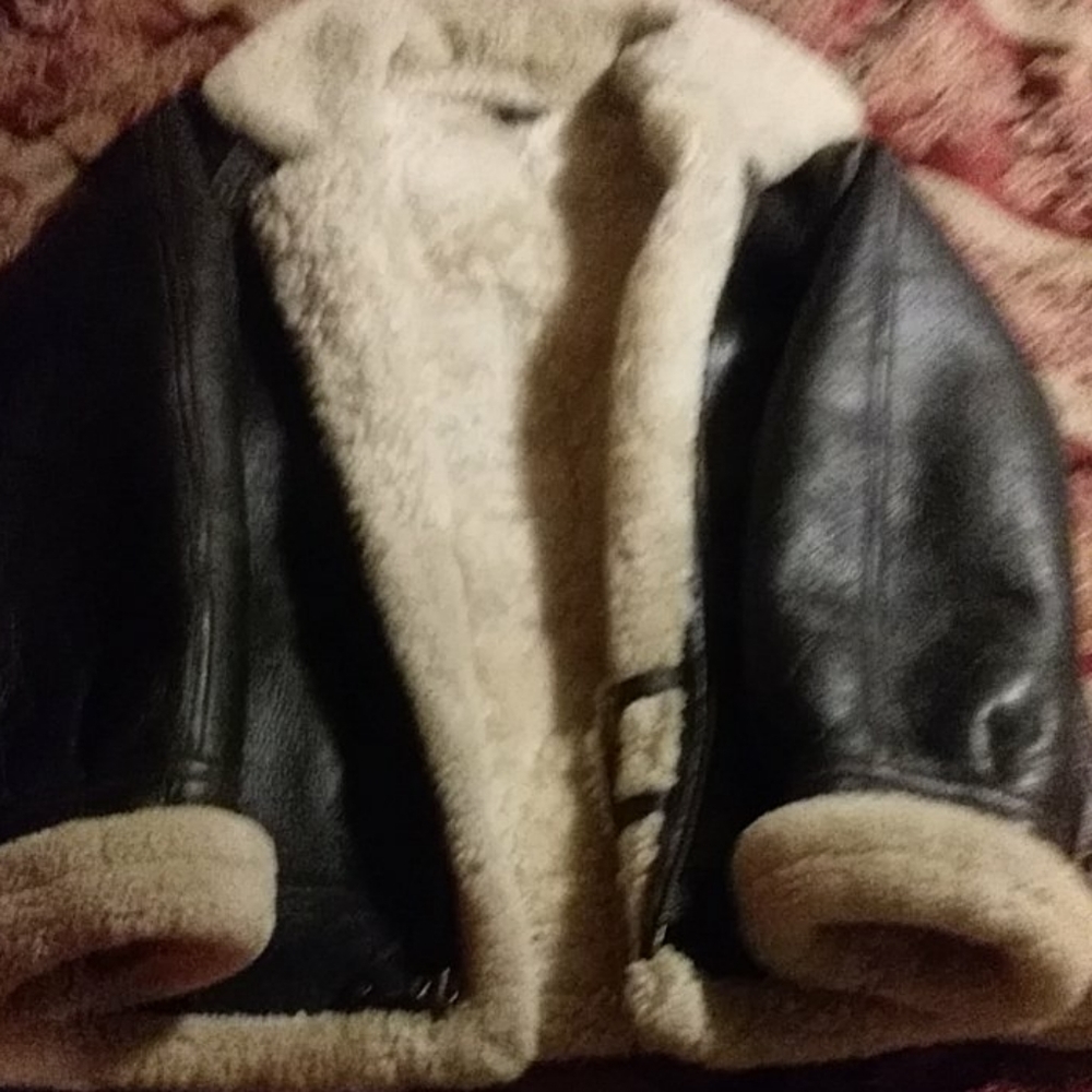 Cabela's Black Leather Military-Style Jacket with Cream Sherpa Lining